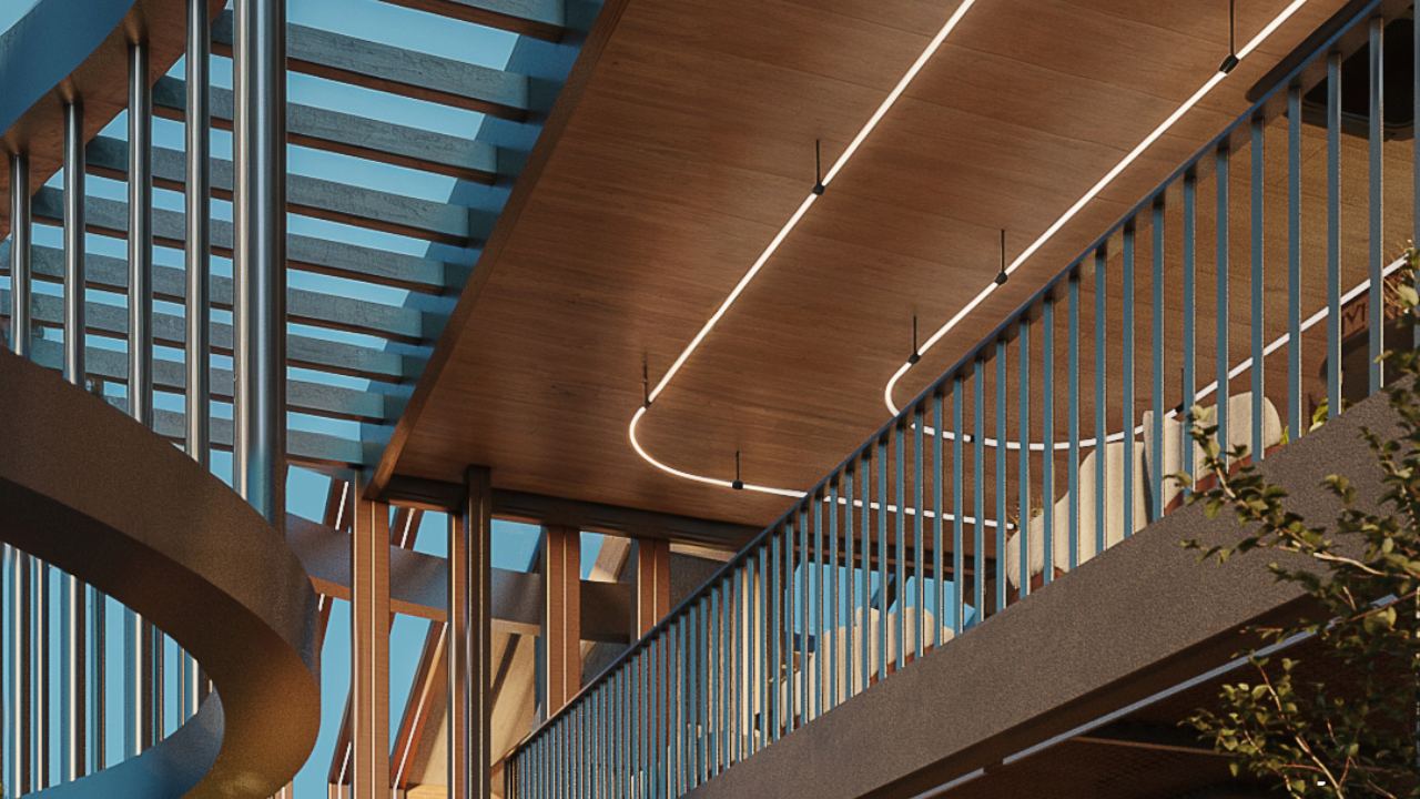 Detalhe da estrutura, materiais e iluminação do projeto Engeinter